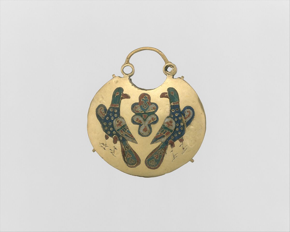 Temple Pendant with Two Birds Flanking a Tree of Life (front) and Geometric and Vegetal Motifs (back), Cloisonné enamel, gold, Kyivan Rus’ 