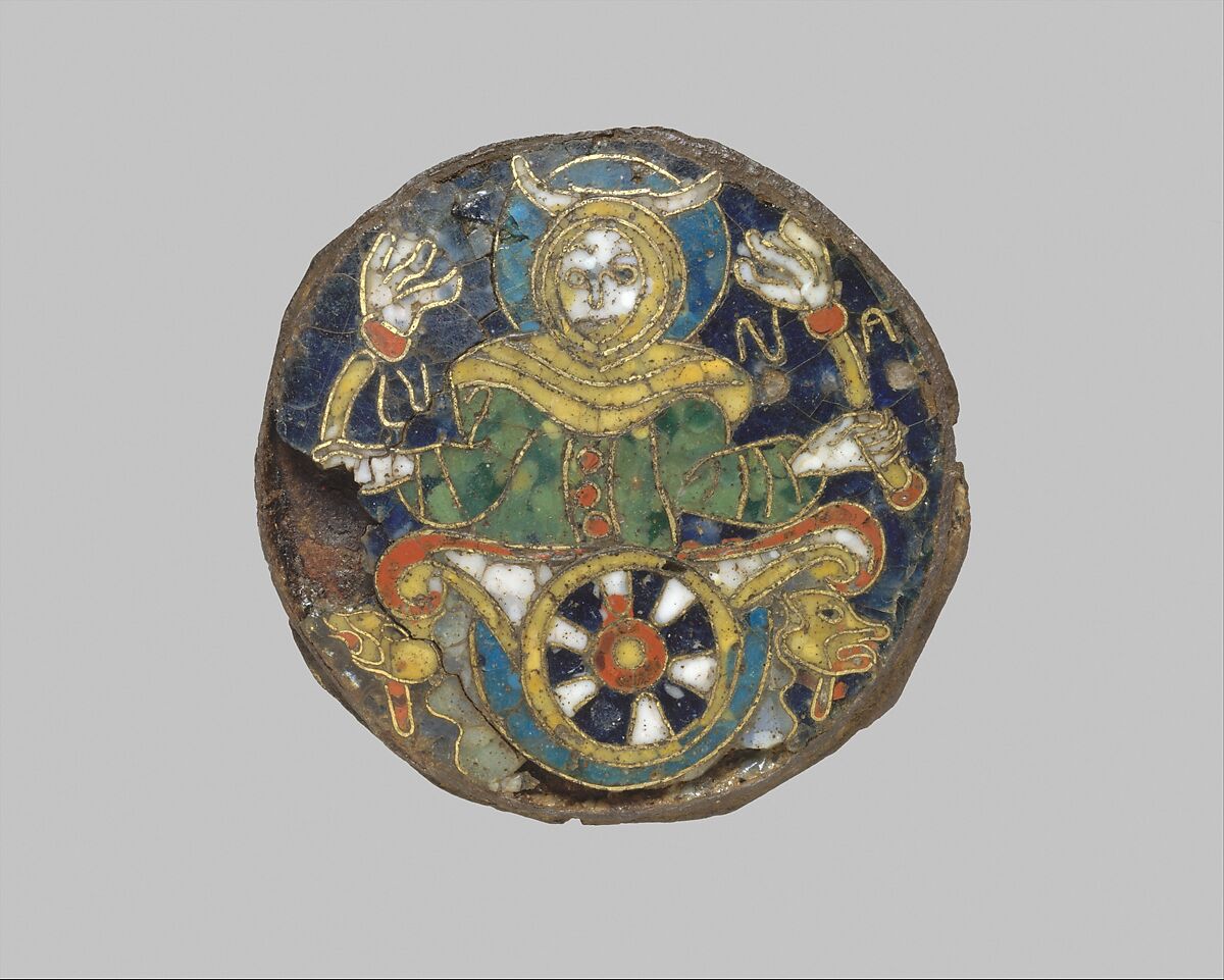 Roundel with a Personification of the Moon, Cloisonné enamel, Copper alloy, gilding,  iron back plate, Carolingian