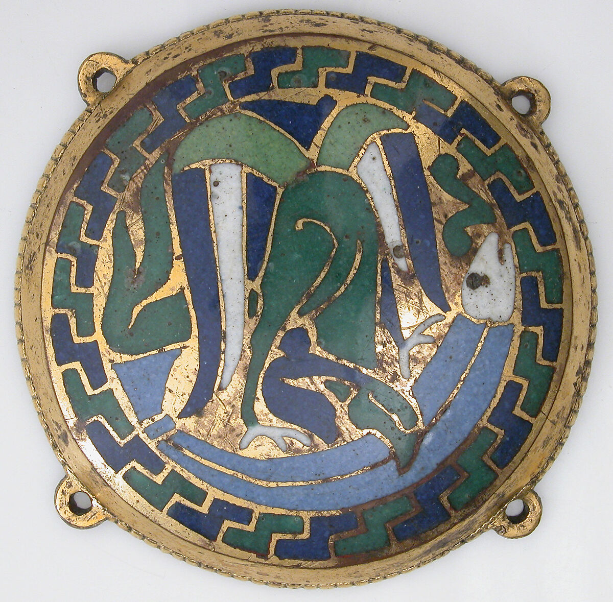 Eagle Attacking a Fish (one of five medallions from a coffret), Copper-gilt, champlevé enamel, French 