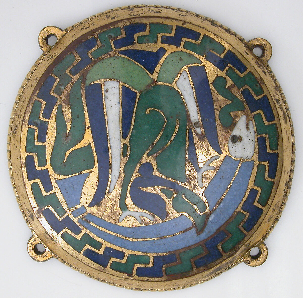 Eagle Attacking a Fish (one of five medallions from a coffret), Copper-gilt, champlevé enamel, French