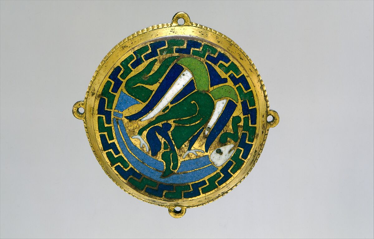 Eagle Attacking a Fish (one of five medallions from a coffret), Copper-gilt, champlevé enamel, French
