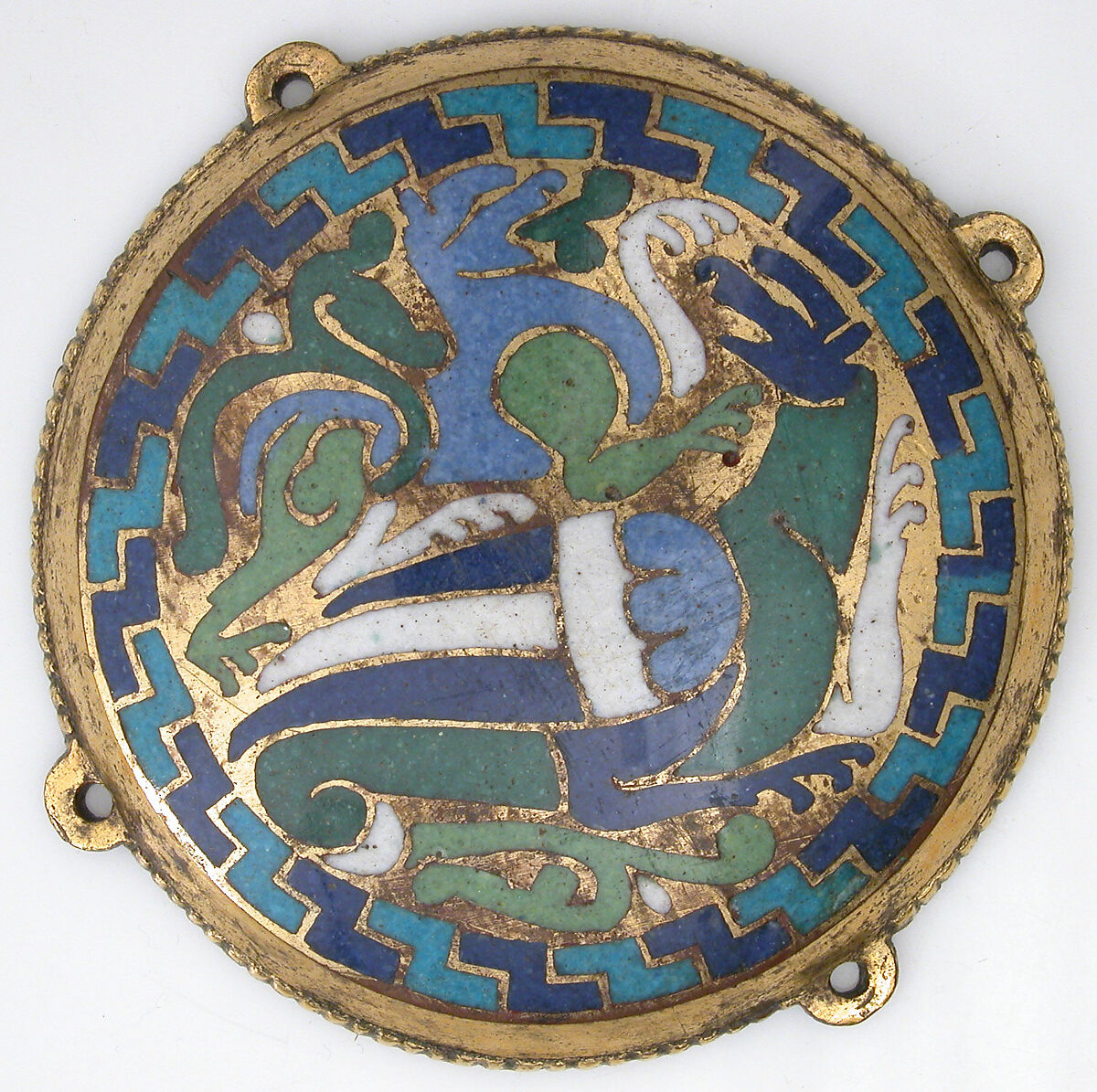 Combat Between Dragon and Dog (one of five medallions from a coffret), Copper-gilt, champlevé enamel, French 