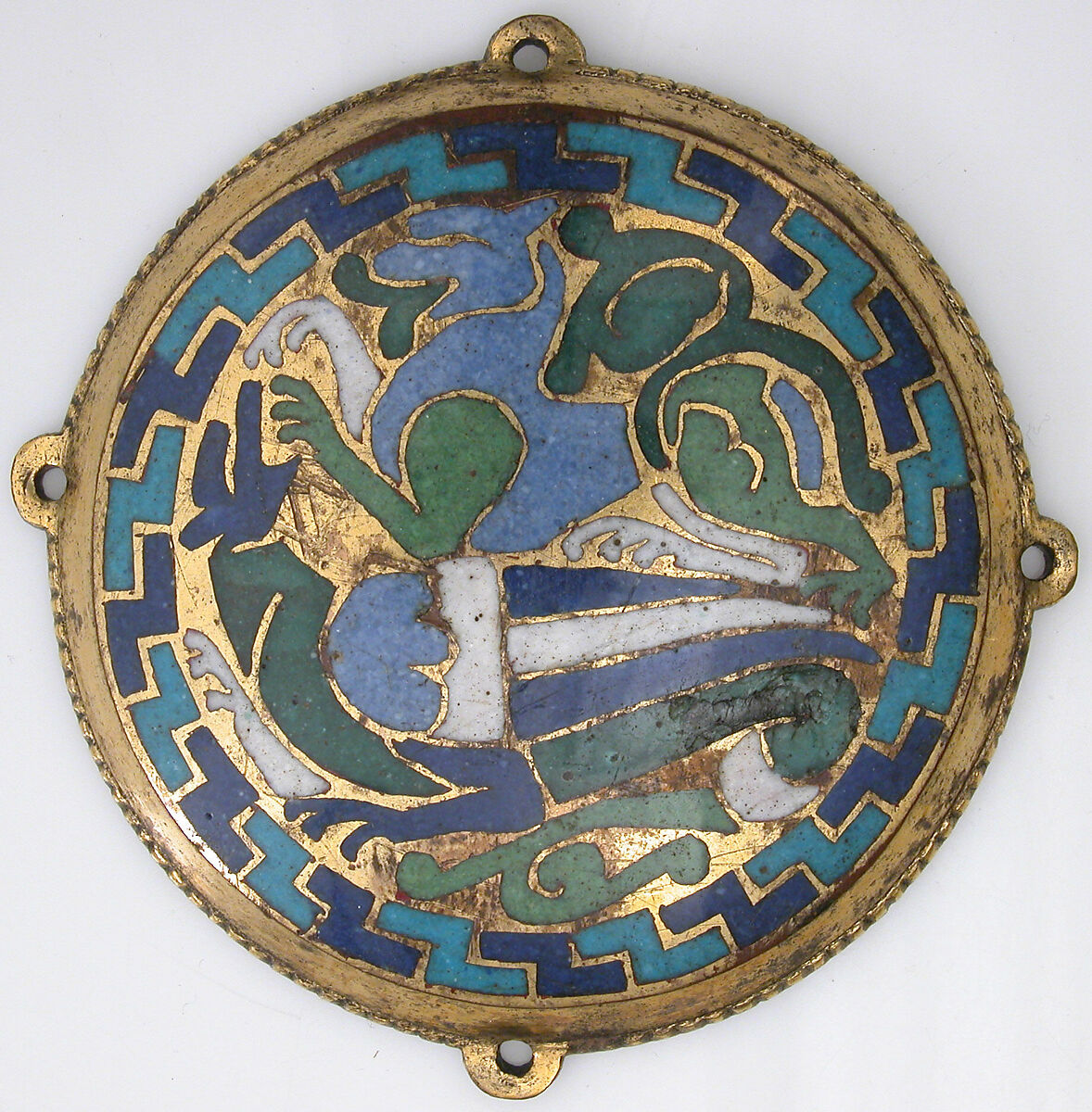 Combat Between Dragon and Dog (one of five medallions from a coffret), Copper-gilt, champlevé enamel, French 