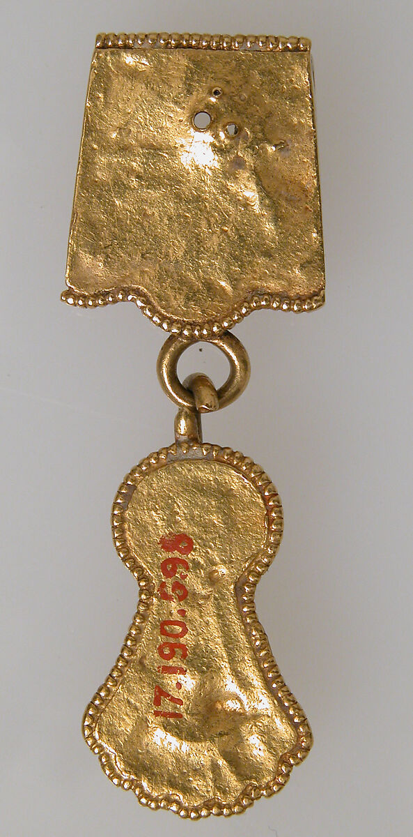 Collar Pendant, Gold - sheet; cells - garnets (patterned foil), glass (green); wire - beaded.  Suspension Loops: gold - rod., Ostrogothic