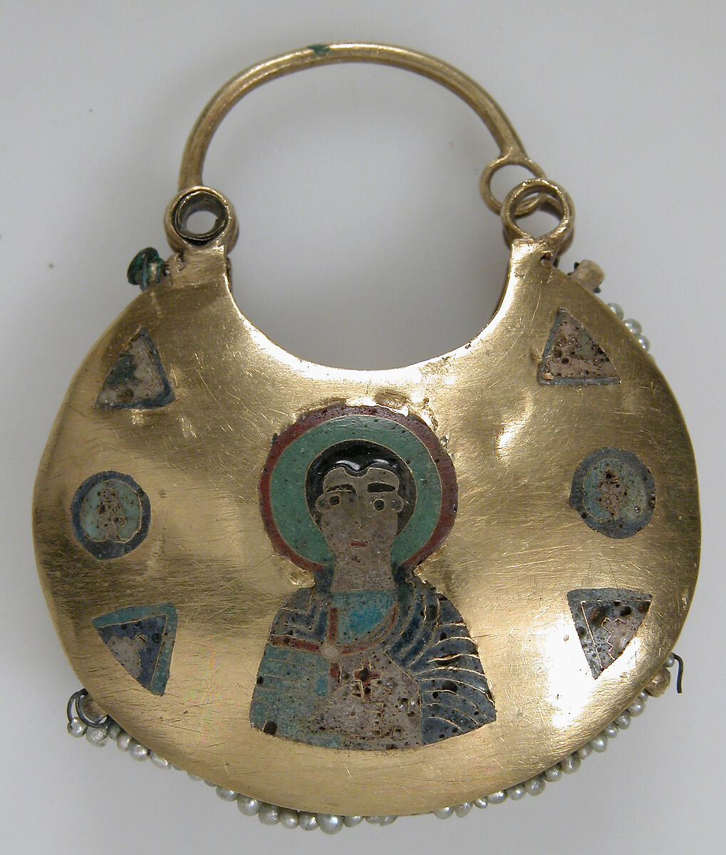 One of a Pair of Temple Pendants, with Busts of Male Saints Holding Martyr's Cross (front) and Leaf and Rosette Motifs (back), Cloisonné enamel, gold, pearls, Kyivan Rus’
