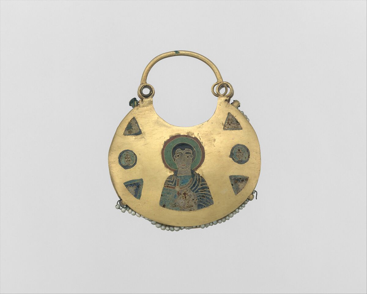 One of a Pair of Temple Pendants, with Busts of Male Saints Holding Martyr's Cross (front) and Leaf and Rosette Motifs (back), Cloisonné enamel, gold, pearls, Kyivan Rus’ 