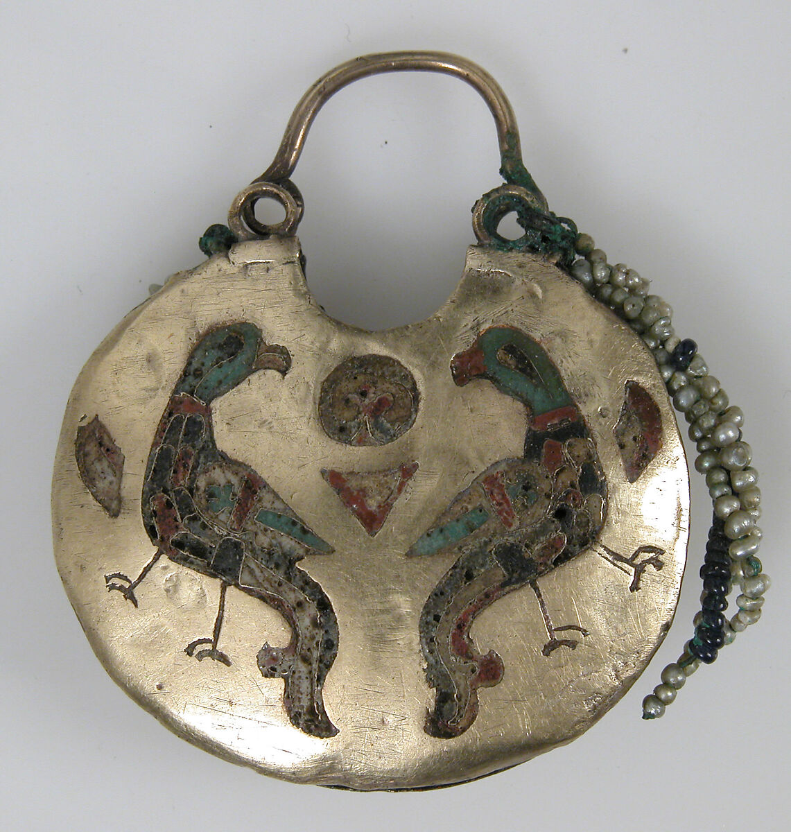 One of a Pair of Temple Pendants, with Confronted Birds (front) and Human Heads (back), Cloisonné enamel, electrum, pearls, Kyivan Rus’