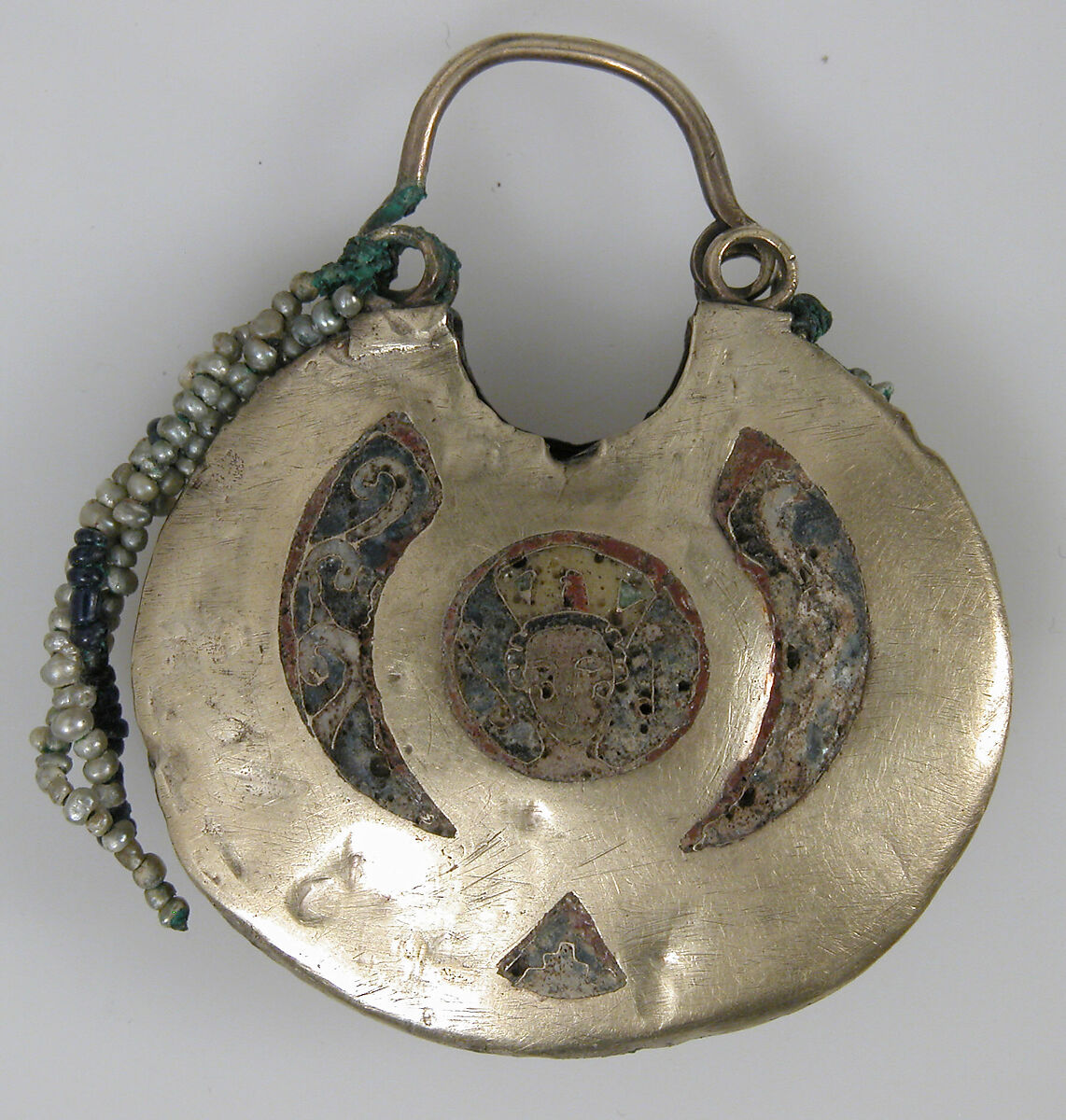One of a Pair of Temple Pendants, with Confronted Birds (front) and Human Heads (back), Cloisonné enamel, electrum, pearls, Kyivan Rus’