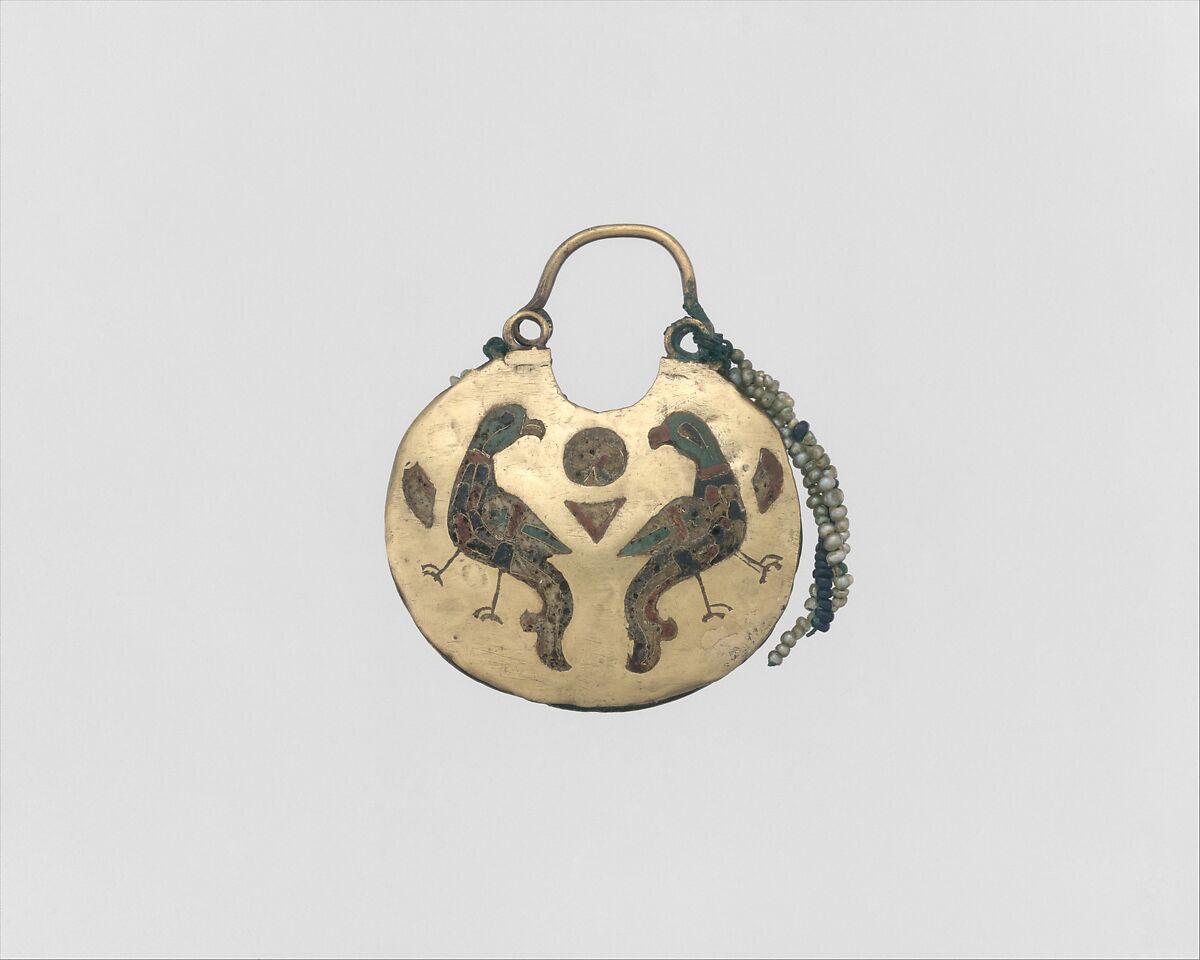 One of a Pair of Temple Pendants, with Confronted Birds (front) and Human Heads (back), Cloisonné enamel, electrum, pearls, Kyivan Rus’ 