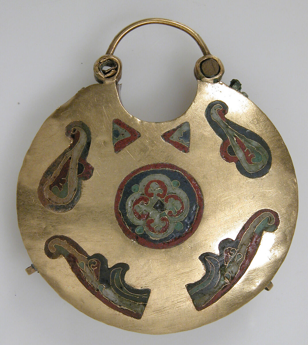 One of a Pair of Temple Pendants, with Two Birds Flanking a Tree of Life (front) and Leaf and Rosette Motifs (back), Cloisonné enamel, gold, Kyivan Rus’