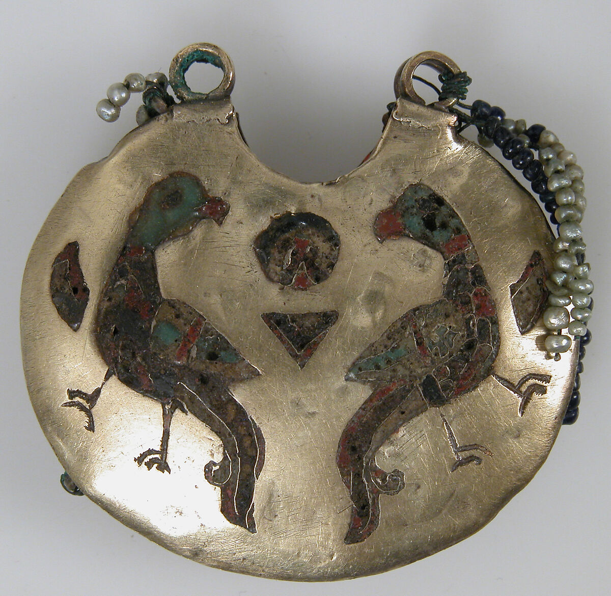 One of a Pair of Temple Pendants, with Confronted Birds (front) and Human Heads (back), Cloissonné enamels, electrum, pearls, Kyivan Rus’