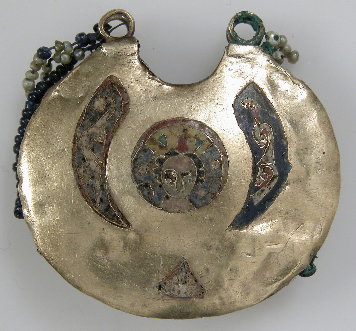 One of a Pair of Temple Pendants, with Confronted Birds (front) and Human Heads (back), Cloissonné enamels, electrum, pearls, Kyivan Rus’