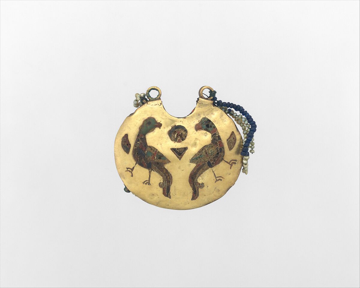One of a Pair of Temple Pendants, with Confronted Birds (front) and Human Heads (back), Cloissonné enamels, electrum, pearls, Kyivan Rus’ 