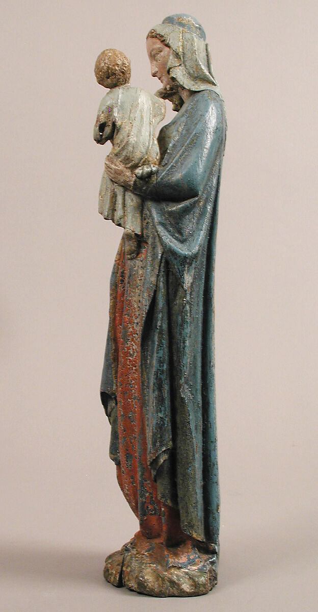 Devotional Statuette of the Virgin and Child, Oak, modern paint, French