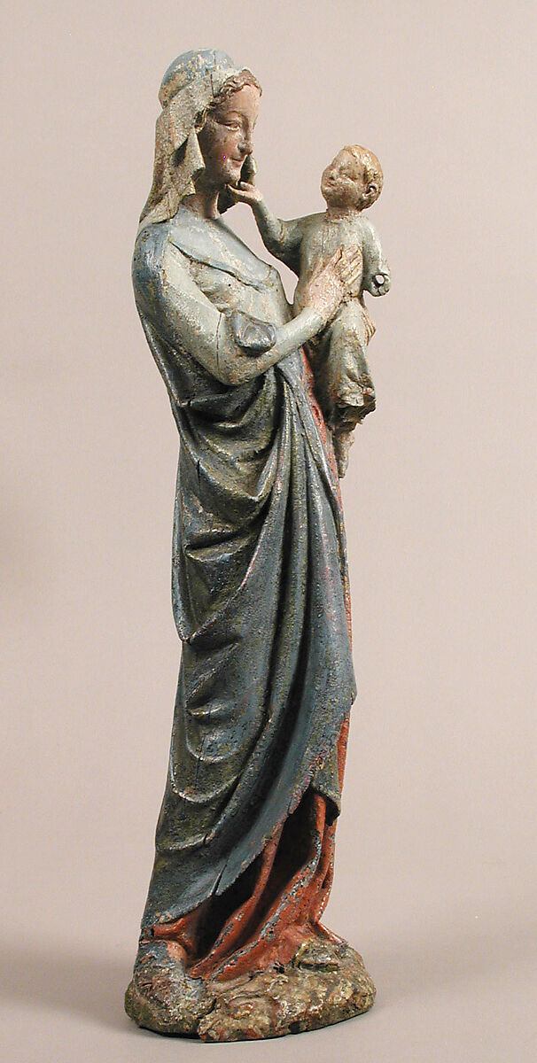 Devotional Statuette of the Virgin and Child, Oak, modern paint, French