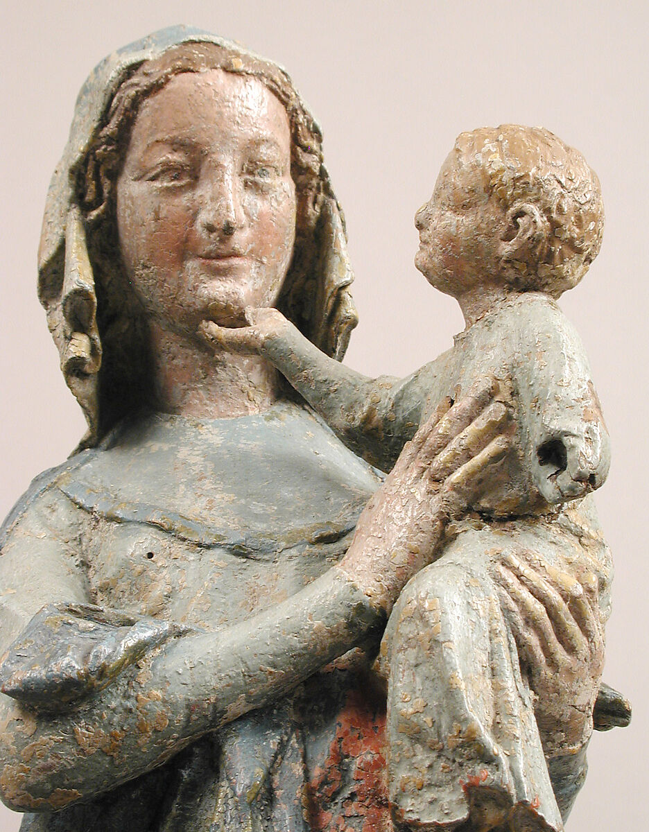 Devotional Statuette of the Virgin and Child, Oak, modern paint, French