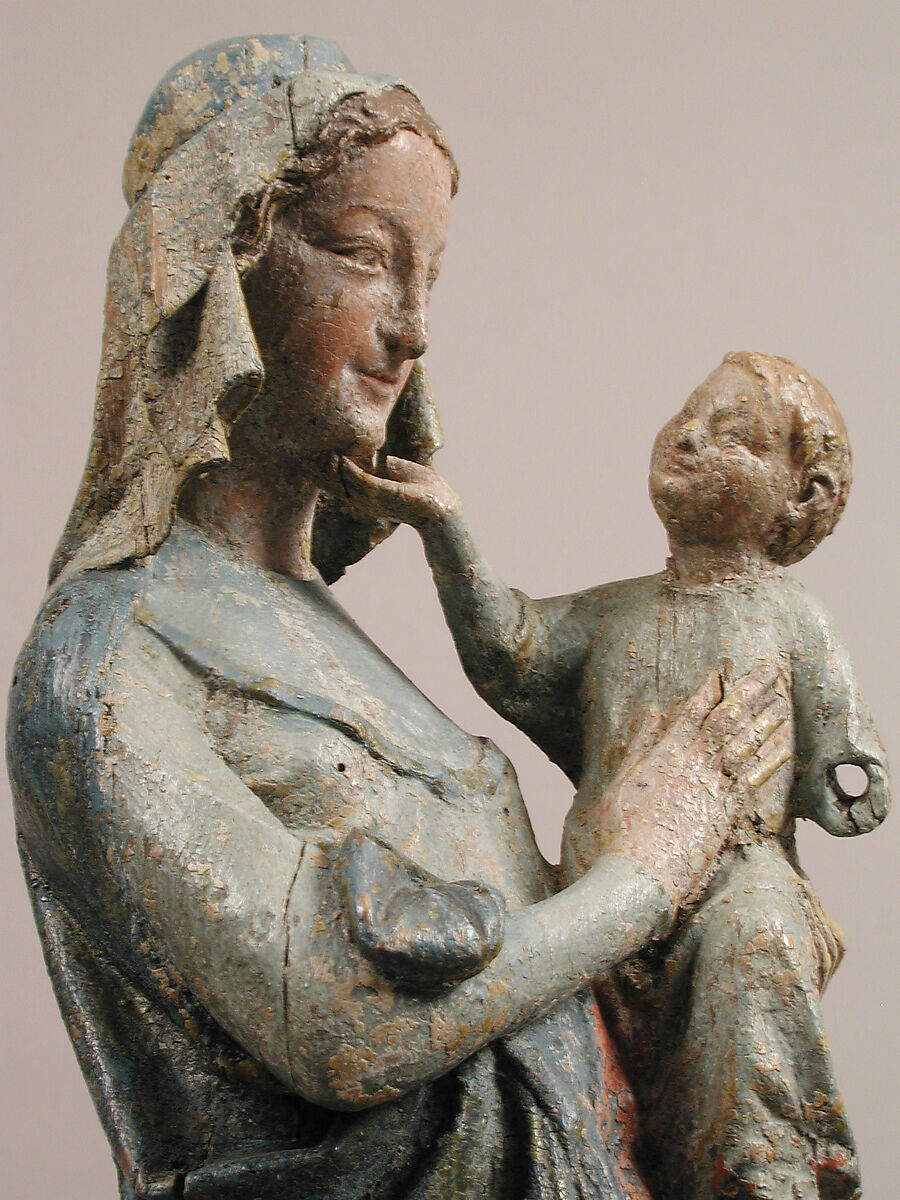 Devotional Statuette of the Virgin and Child, Oak, modern paint, French