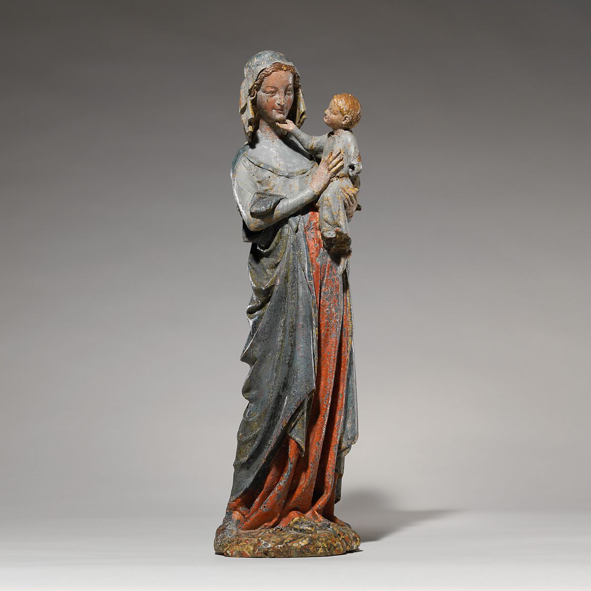 Devotional Statuette of the Virgin and Child, Oak, modern paint, French