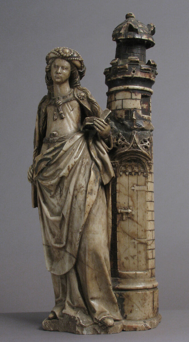 Saint Barbara, School of Troyes, Marble, trace of polychromy and gilding, French 