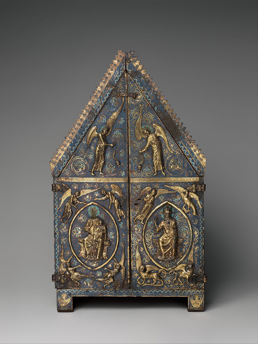 Tabernacle of Cherves, Copper (plaques): engraved, scraped, stippled, and gilt; (appliqués): repoussé, chased, engraved, scraped, and gilt; champlevé enamel: medium blue, turquoise, medium green, yellow, red, and white, modern wood mount, French