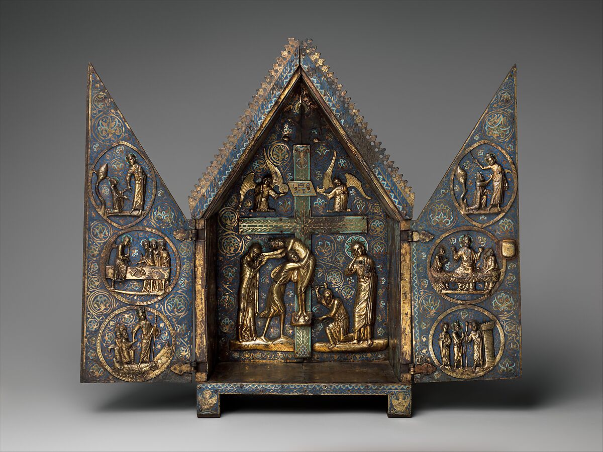 Tabernacle of Cherves, Copper (plaques): engraved, scraped, stippled, and gilt; (appliqués): repoussé, chased, engraved, scraped, and gilt; champlevé enamel: medium blue, turquoise, medium green, yellow, red, and white, modern wood mount, French 