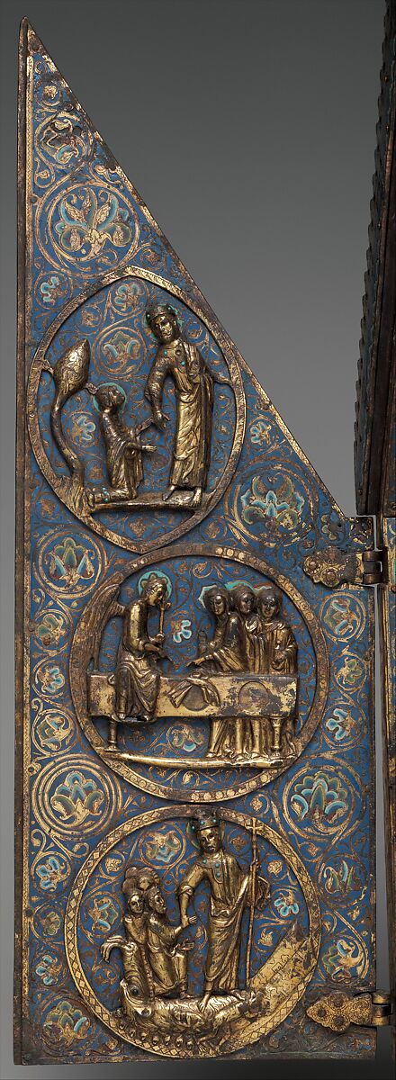 Tabernacle of Cherves, Copper (plaques): engraved, scraped, stippled, and gilt; (appliqués): repoussé, chased, engraved, scraped, and gilt; champlevé enamel: medium blue, turquoise, medium green, yellow, red, and white, modern wood mount, French