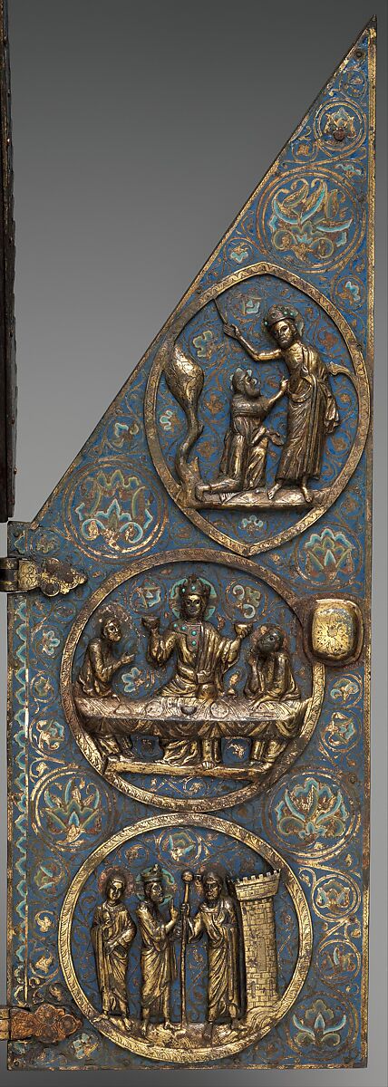 Tabernacle of Cherves, Copper (plaques): engraved, scraped, stippled, and gilt; (appliqués): repoussé, chased, engraved, scraped, and gilt; champlevé enamel: medium blue, turquoise, medium green, yellow, red, and white, modern wood mount, French