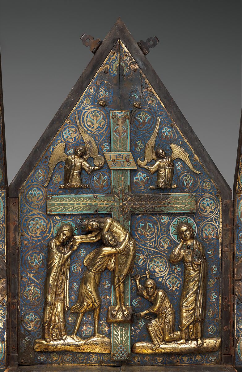 Tabernacle of Cherves, Copper (plaques): engraved, scraped, stippled, and gilt; (appliqués): repoussé, chased, engraved, scraped, and gilt; champlevé enamel: medium blue, turquoise, medium green, yellow, red, and white, modern wood mount, French