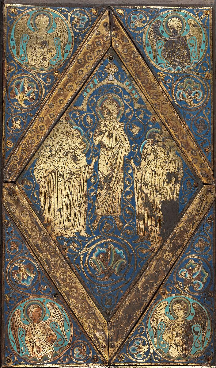 Tabernacle of Cherves, Copper (plaques): engraved, scraped, stippled, and gilt; (appliqués): repoussé, chased, engraved, scraped, and gilt; champlevé enamel: medium blue, turquoise, medium green, yellow, red, and white, modern wood mount, French