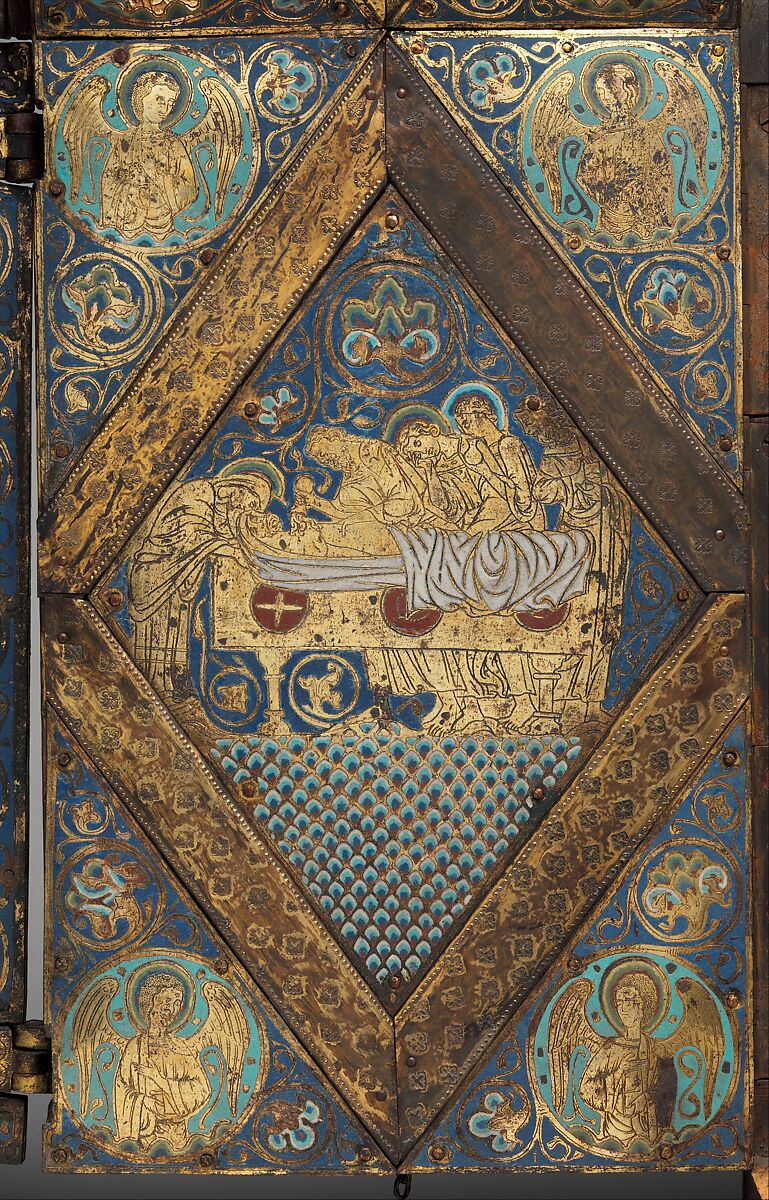 Tabernacle of Cherves, Copper (plaques): engraved, scraped, stippled, and gilt; (appliqués): repoussé, chased, engraved, scraped, and gilt; champlevé enamel: medium blue, turquoise, medium green, yellow, red, and white, modern wood mount, French