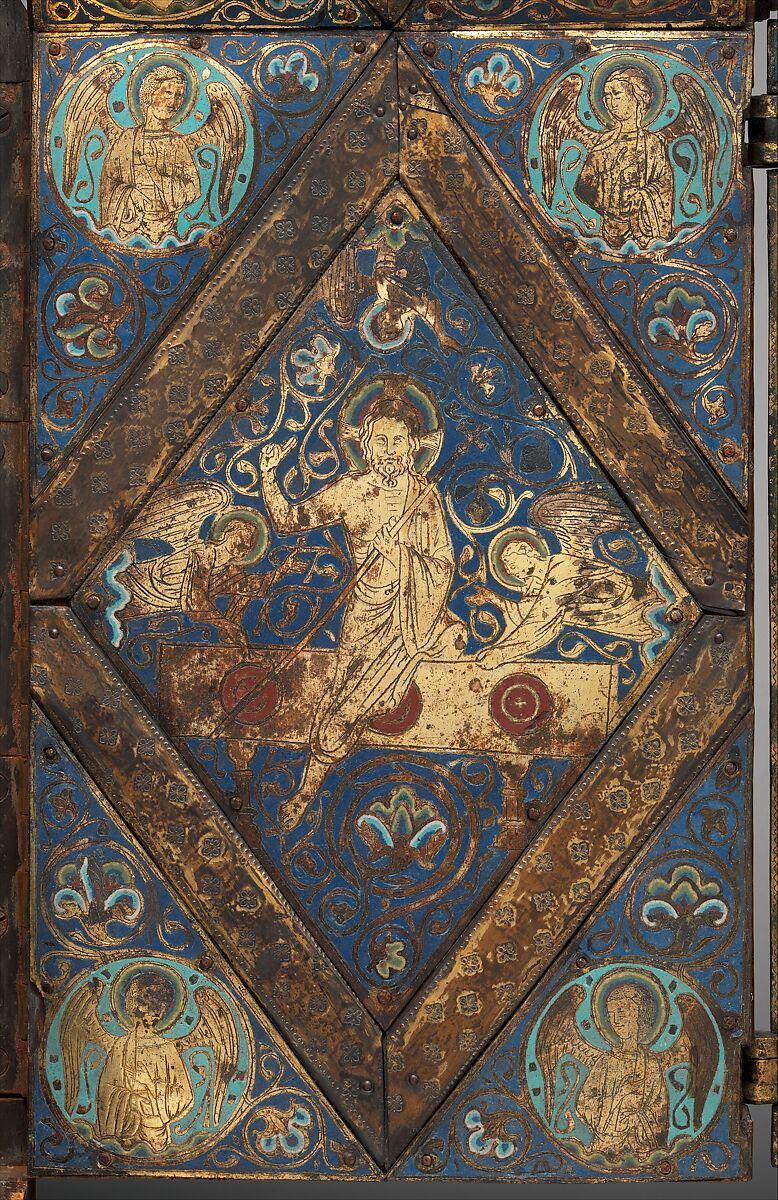 Tabernacle of Cherves, Copper (plaques): engraved, scraped, stippled, and gilt; (appliqués): repoussé, chased, engraved, scraped, and gilt; champlevé enamel: medium blue, turquoise, medium green, yellow, red, and white, modern wood mount, French