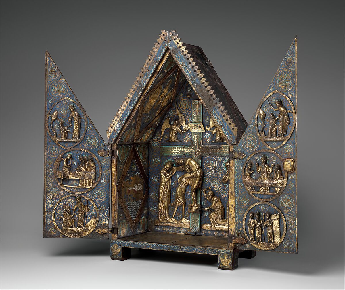 Tabernacle of Cherves, Copper (plaques): engraved, scraped, stippled, and gilt; (appliqués): repoussé, chased, engraved, scraped, and gilt; champlevé enamel: medium blue, turquoise, medium green, yellow, red, and white, modern wood mount, French