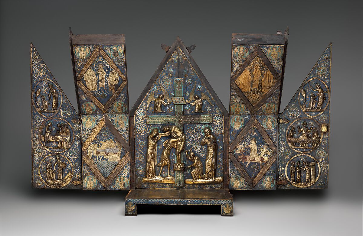 Tabernacle of Cherves, Copper (plaques): engraved, scraped, stippled, and gilt; (appliqués): repoussé, chased, engraved, scraped, and gilt; champlevé enamel: medium blue, turquoise, medium green, yellow, red, and white, modern wood mount, French