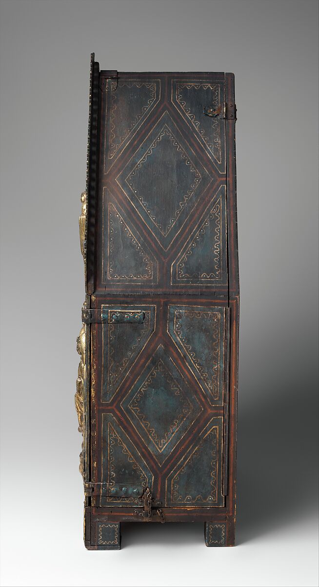 Tabernacle of Cherves, Copper (plaques): engraved, scraped, stippled, and gilt; (appliqués): repoussé, chased, engraved, scraped, and gilt; champlevé enamel: medium blue, turquoise, medium green, yellow, red, and white, modern wood mount, French