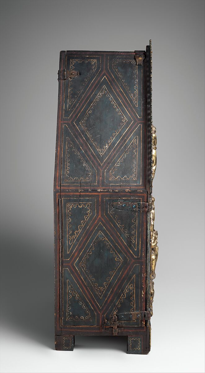 Tabernacle of Cherves, Copper (plaques): engraved, scraped, stippled, and gilt; (appliqués): repoussé, chased, engraved, scraped, and gilt; champlevé enamel: medium blue, turquoise, medium green, yellow, red, and white, modern wood mount, French