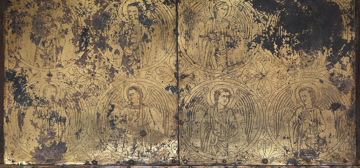 Tabernacle of Cherves, Copper (plaques): engraved, scraped, stippled, and gilt; (appliqués): repoussé, chased, engraved, scraped, and gilt; champlevé enamel: medium blue, turquoise, medium green, yellow, red, and white, modern wood mount, French