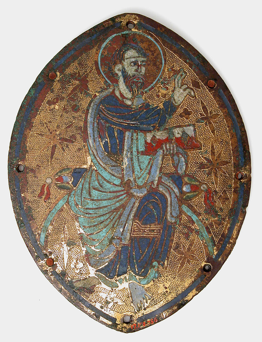 Plaque of Blessing Saint, Champlevé enamel, copper-gilt, French 