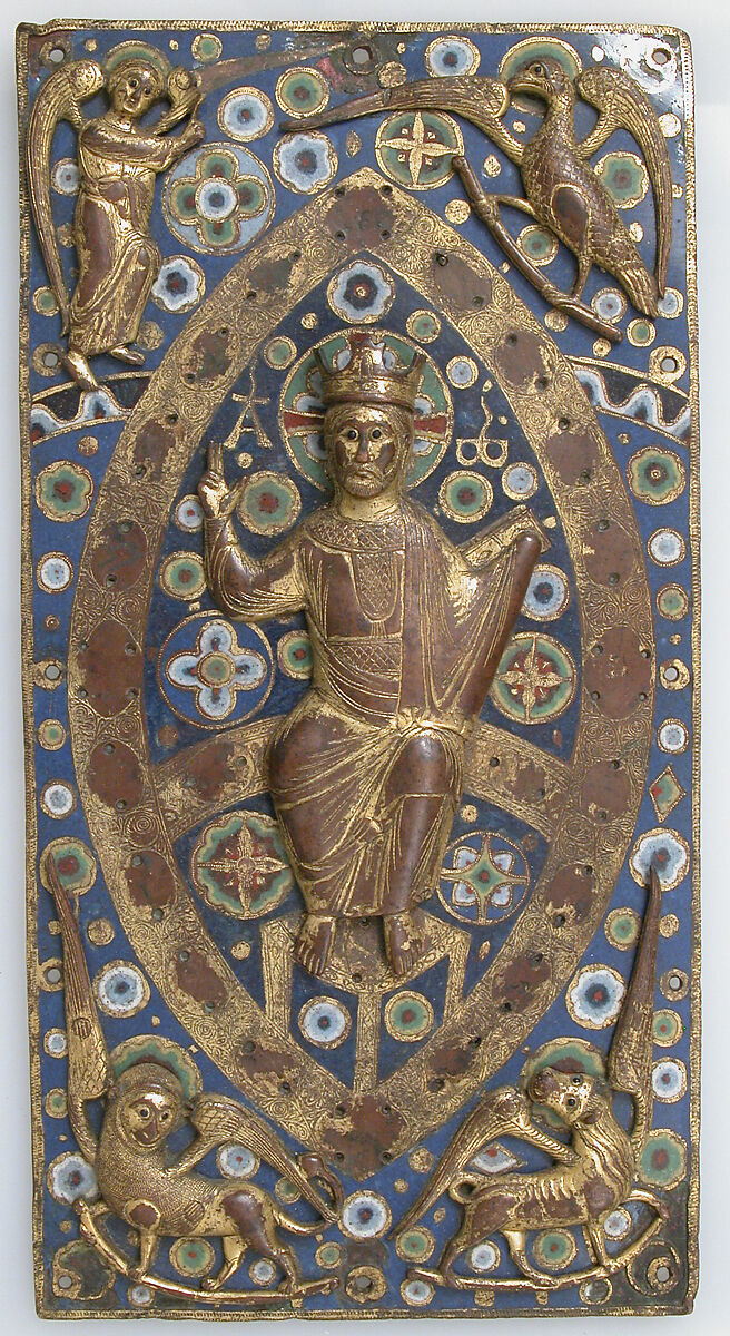 Book Cover Plaque with Christ in Majesty, Copper (plaque): engraved, scraped, stippled, and gilt; (appliqués): repoussé, engraved, chased, and gilt; champlevé enamel: blue-black, dark, medium, and light blue; green, yellow, red, brownish red, and white, blue-black glass inset eyes., French 