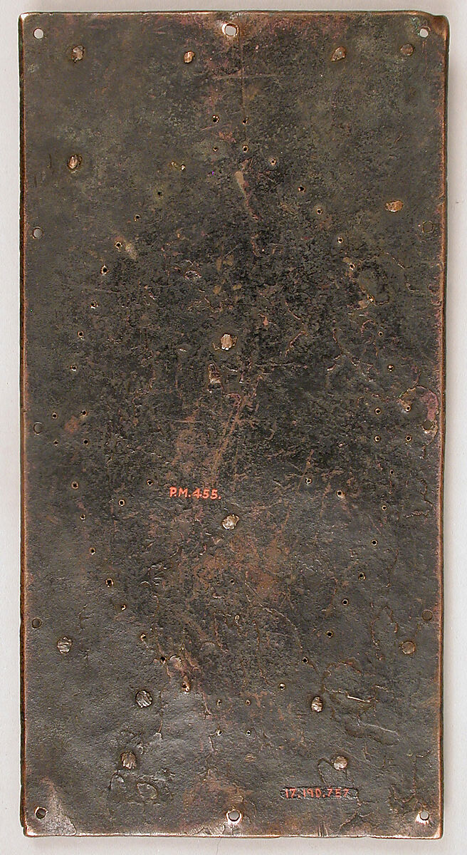 Book Cover Plaque with Christ in Majesty, Copper (plaque): engraved, scraped, stippled, and gilt; (appliqués): repoussé, engraved, chased, and gilt; champlevé enamel: blue-black, dark, medium, and light blue; green, yellow, red, brownish red, and white, blue-black glass inset eyes., French