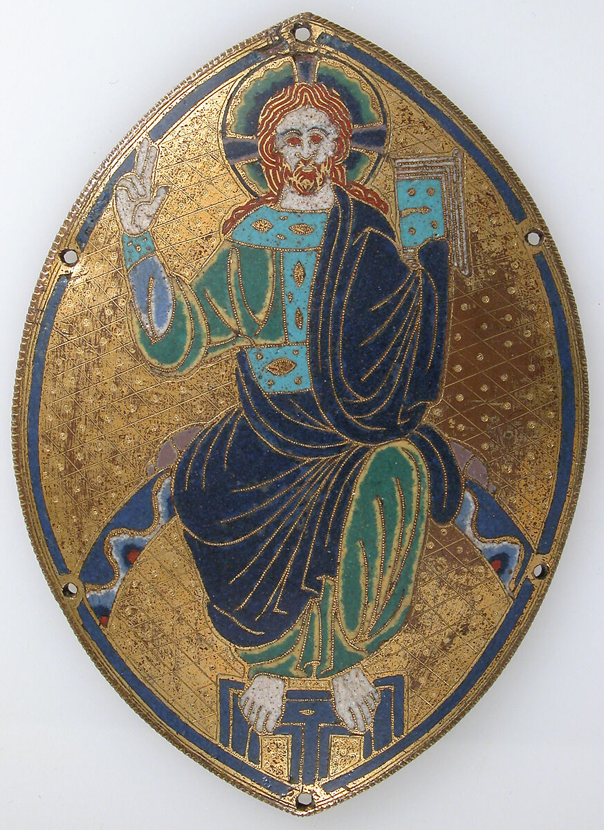 Plaque with Christ Blessing, Copper: engraved, stippled, gilt; champlevé enamel: dark, medium, and light blue; mauve, turquoise, green, yellow, red, and white., French 