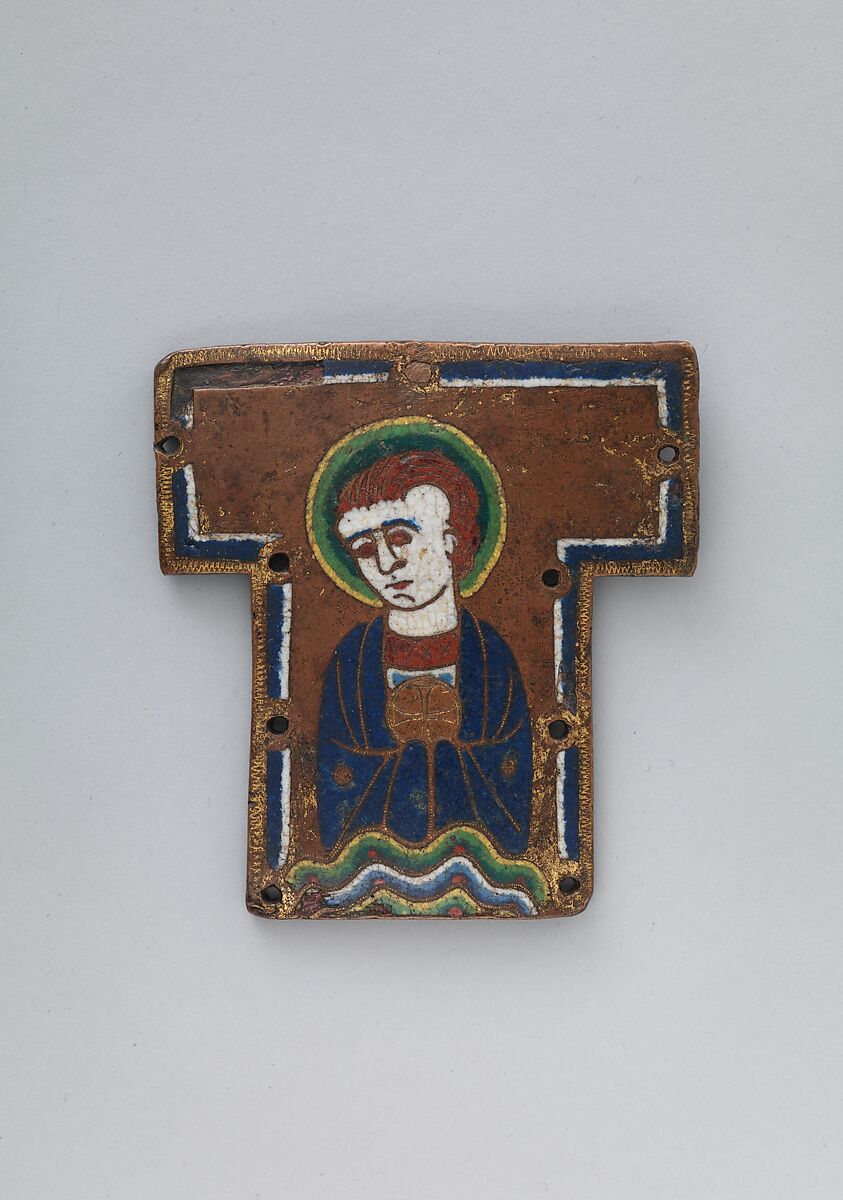 Plaque from a Cross with a Saint or Angel Holding the Host, Copper: engraved, stippled, gilt; champlevé enamel: dark and light blue, translucent dark and opaque light green, yellow, red, and white, French 