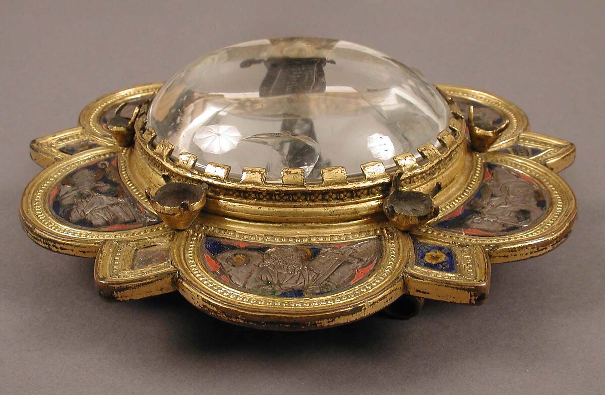 Morse with Saint Francis Receiving the Stigmata, Gilded copper, silver, translucent enamel, parchment, glass gems, Italian