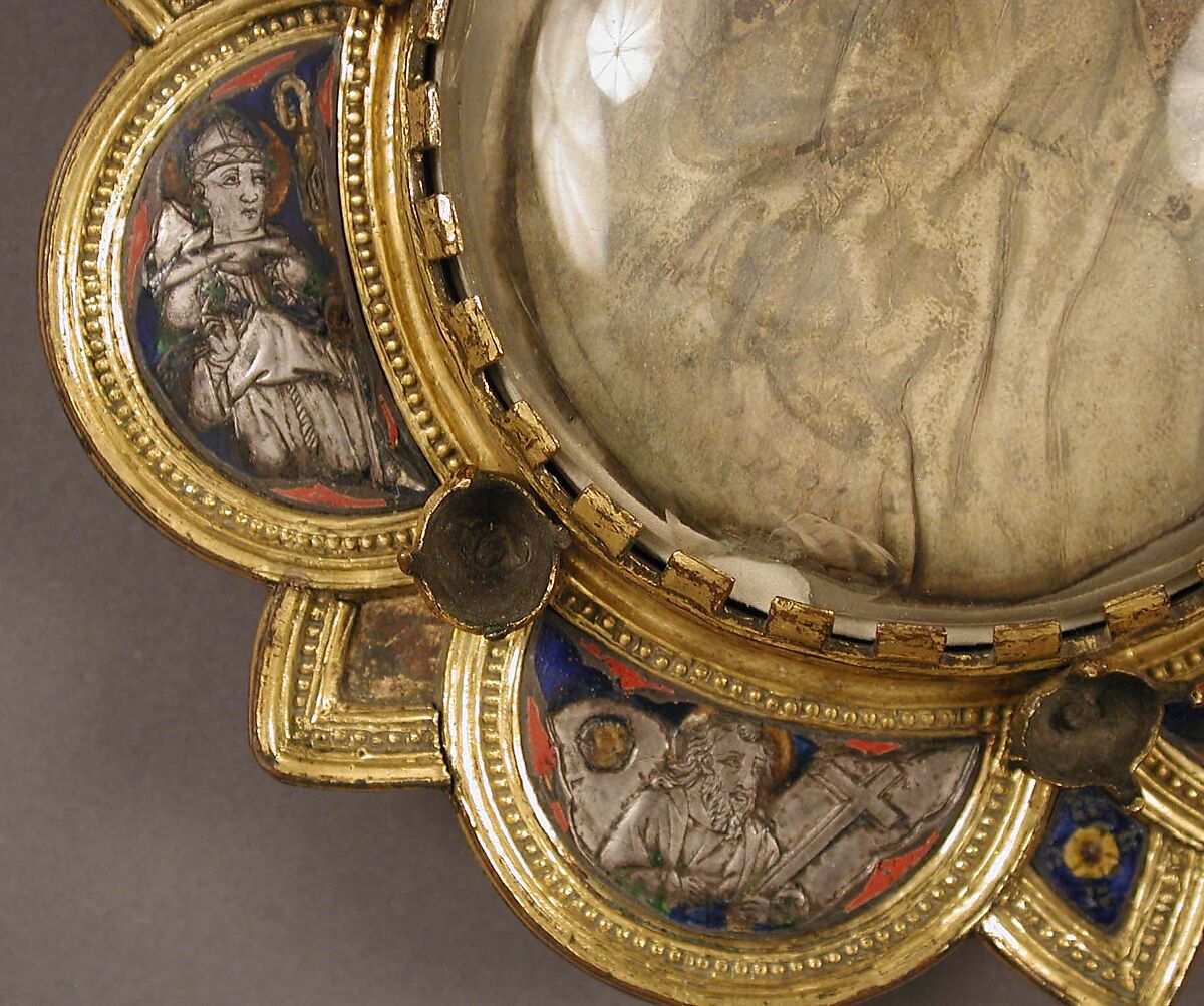 Morse with Saint Francis Receiving the Stigmata, Gilded copper, silver, translucent enamel, parchment, glass gems, Italian