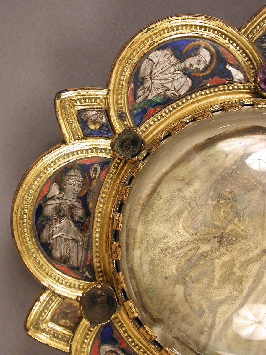 Morse with Saint Francis Receiving the Stigmata, Gilded copper, silver, translucent enamel, parchment, glass gems, Italian