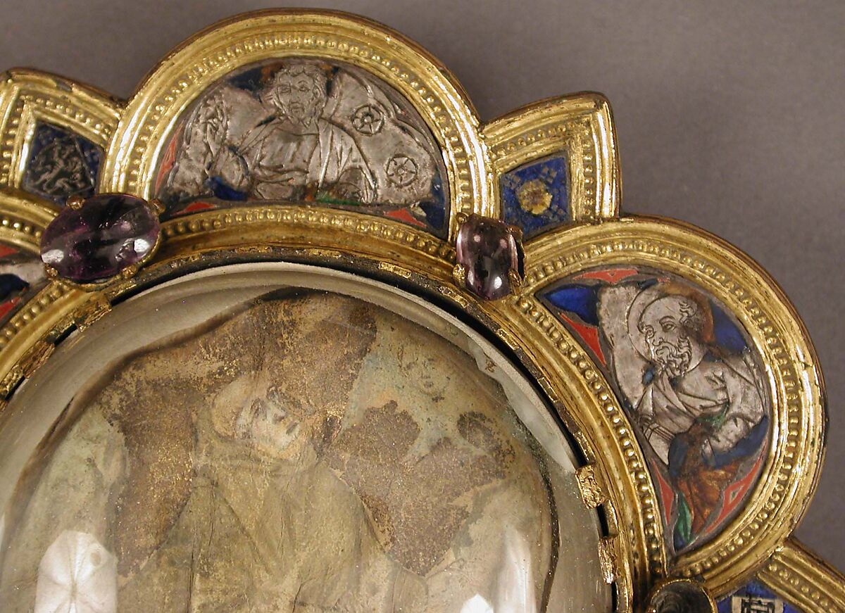 Morse with Saint Francis Receiving the Stigmata, Gilded copper, silver, translucent enamel, parchment, glass gems, Italian