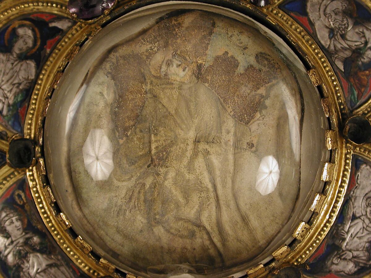 Morse with Saint Francis Receiving the Stigmata, Gilded copper, silver, translucent enamel, parchment, glass gems, Italian