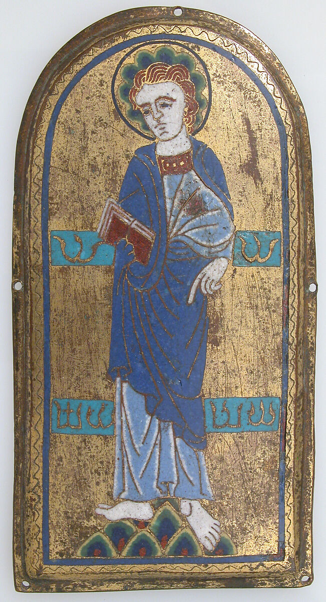 Plaque with Saint John the Evangelist, Copper (plaque): engraved and gilt; Champlevé enamel, French 