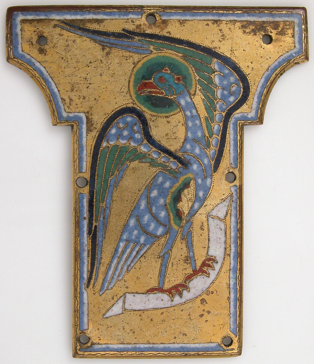 Plaque from a Cross with the Eagle of Saint John, Copper: engraved, stippled, gilt; champlevé enamel: dark and light blue, deep turquoise, translucent dark and medium green, yellow, red, and white, French