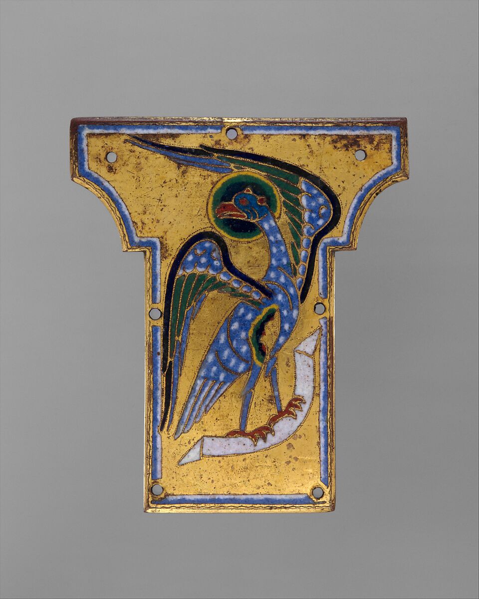 Plaque from a Cross with the Eagle of Saint John, Copper: engraved, stippled, gilt; champlevé enamel: dark and light blue, deep turquoise, translucent dark and medium green, yellow, red, and white, French 