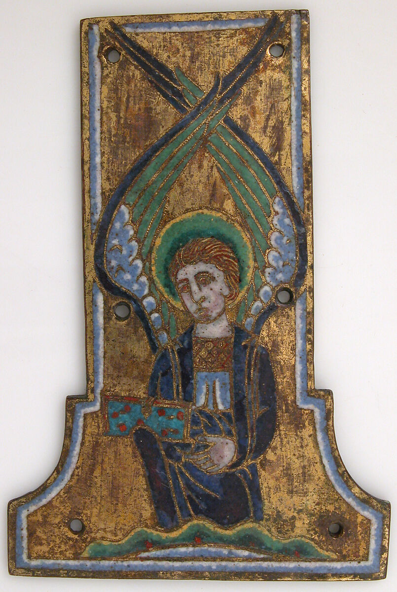 Plaque from a Cross with the Winged Man of Saint Matthew, Copper: engraved, stippled, and gilt; champlevé enamel: dark and light blue, deep turquoise, translucent dark and opaque medium green, yellow, red, rose, and white., French 